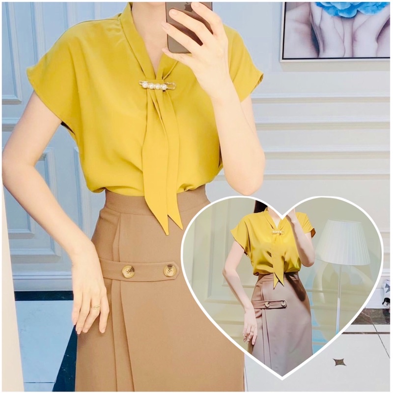 ÁO SOMI NƠ CỔ KÈM KHUY CÀI ĐÁ SANG CHẢNH