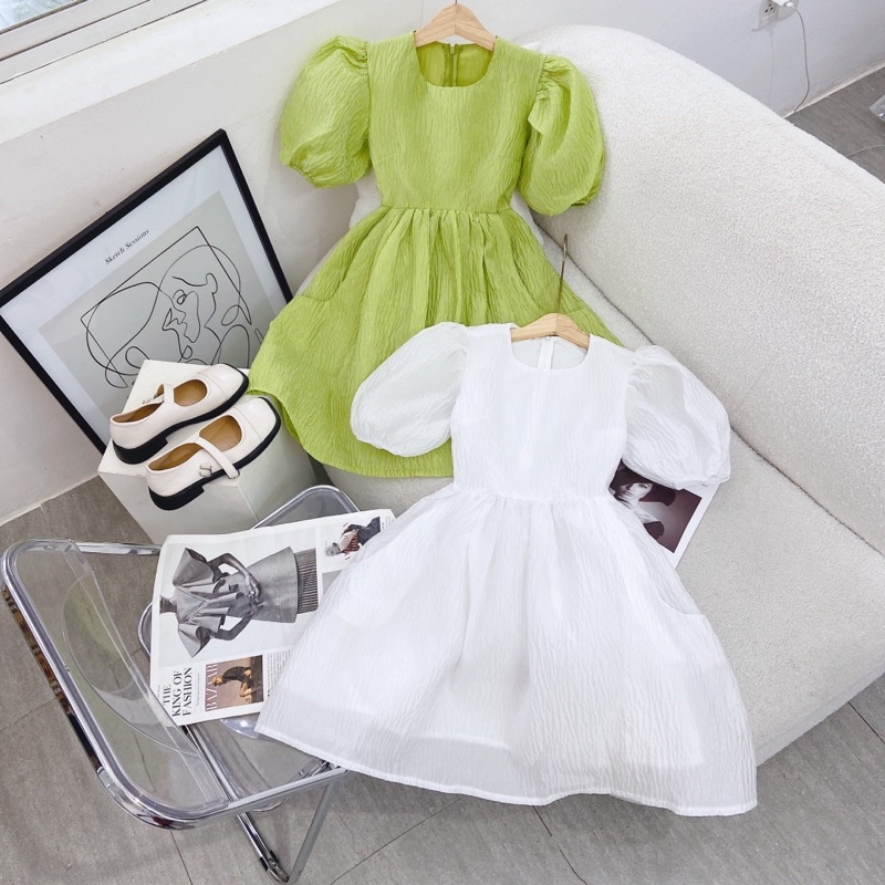 ĐẦM BBD XƯỢC XỐP TAY BỒNG CỔ TRÒN