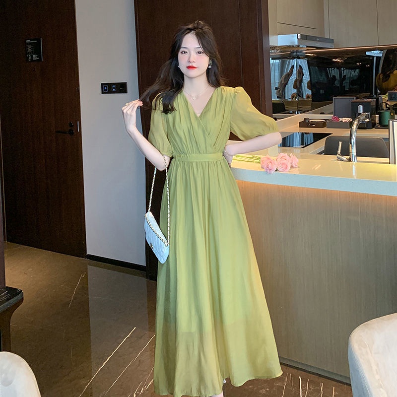 Đầm Tay Dài Cổ Chữ V Thiết Kế Chiết Eo Cao Nữ Tính