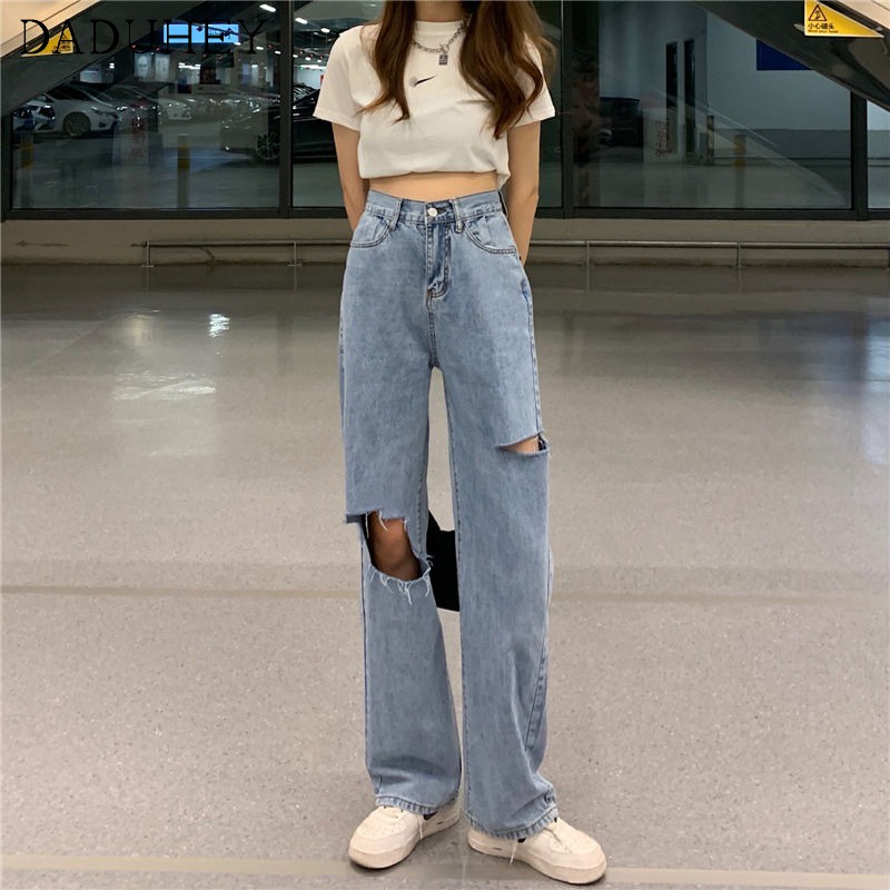 Quần jean DaDuHey mùa hè mới rách mỏng dáng rộng cạp cao thời trang