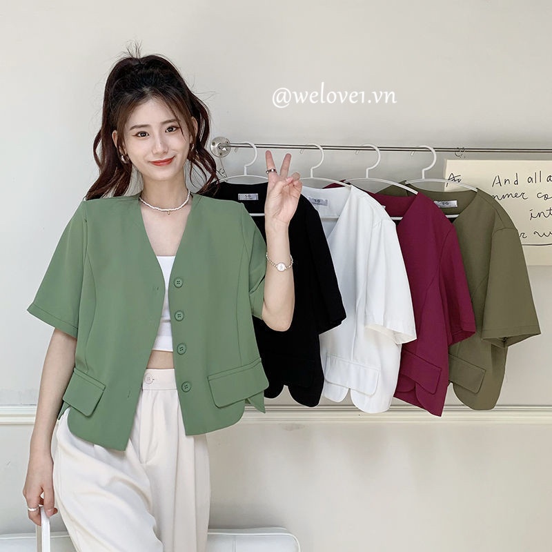 Áo Khoác blazer Tay Ngắn Cổ Chữ V Màu Trơn Phong Cách Hàn Quốc Thời Trang Cho Nữ