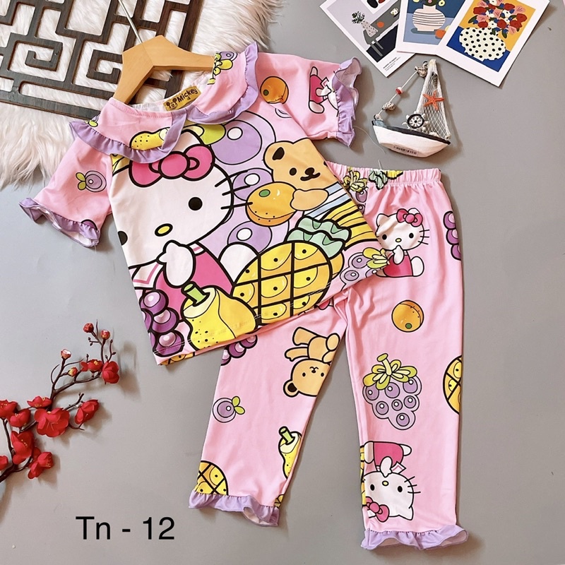 Đồ bộ pijama bé gái áo cộc quần dài thun lạnh 3D co giãn 4 chiều mềm mát mặc nhà mặc ngủ 22-42kg