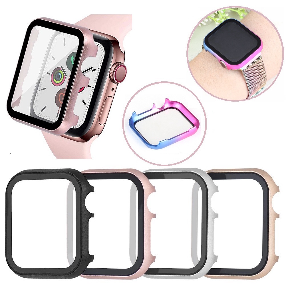 Toàn Bộ Ốp Bảo Vệ Mặt Đồng Hồ Bằng Kim Loại + Kính Cường Lực Chống Trầy Cho iwatch 7 / 6 / se / 5 / 4 / 3 / 2 / 1 41mm 45mm 42mm 38mm 40mm 44mm