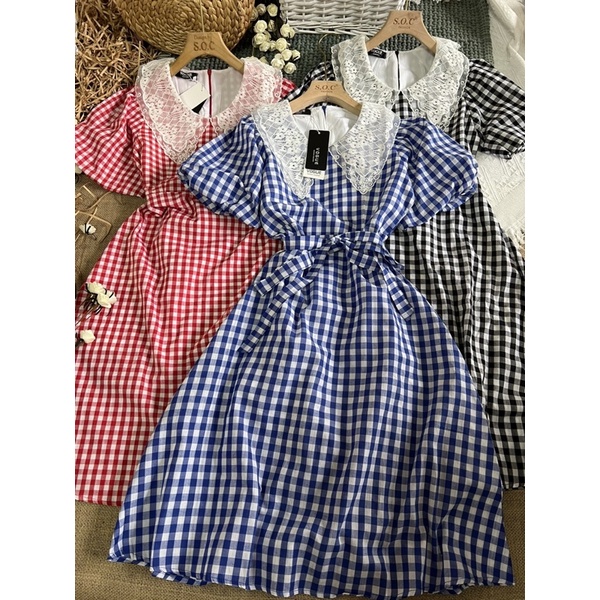 Đầm caro xanh tiểu thư phối ren