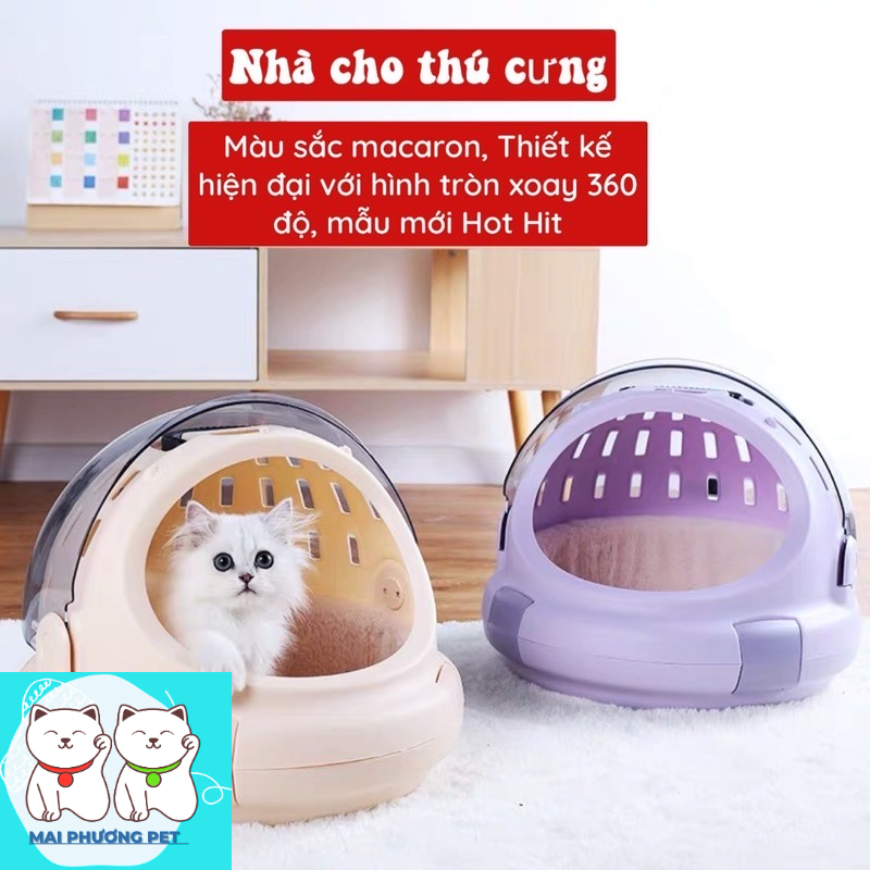 Lồng phi hành gia kết hợp ổ nệm nhựa cho chó mèo Màu Be cho chó mèo dưới 4kg đầy đủ phụ kiện