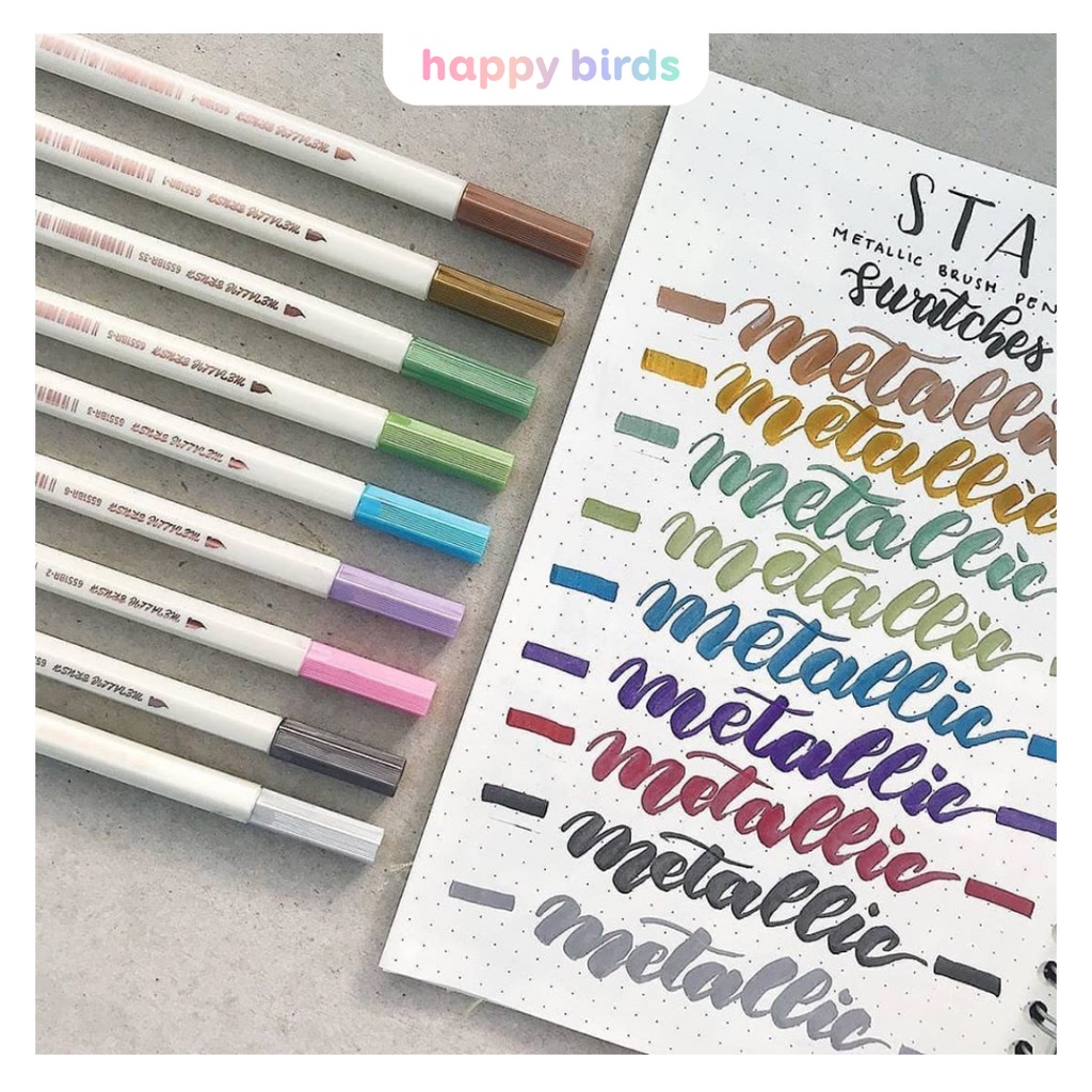 Bút brush bút lông mềm Winzige brush pen Metallic soft mực đều màu ánh nhũ kim tuyến viết thư pháp mực đều màu HappyBird