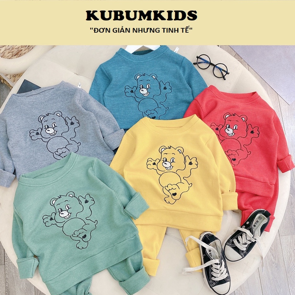 Bộ LEN COTTON TỔ ONG THÊU GẤU cho bé trai bé gái 8-22kg