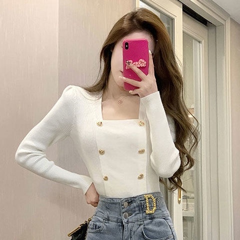 Áo sweater dệt kim cổ vuông phong cách phương Tây thời trang mùa thu cho n