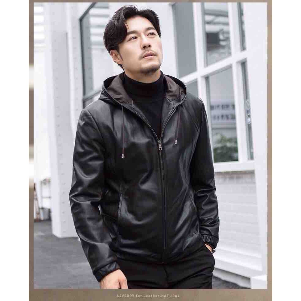 Áo Khoác Da Nam Trơn Lót Dù Phối Nón Cao Cấp ADN01