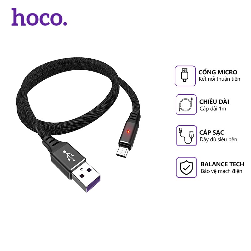 Cáp sạc nhanh Hoco DU09 dây dù 5.0A, cổng kết nối Micro Usb, dài 1m, tự ngắt