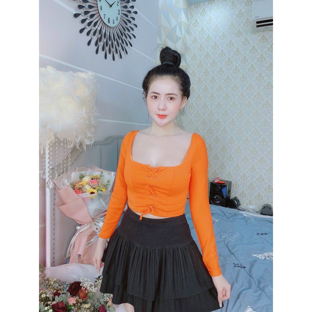 Áo kiểu cổ U tay dài đan dây trước ngực cực xinh , chất thun bozip mềm mịn ( ảnh thật )