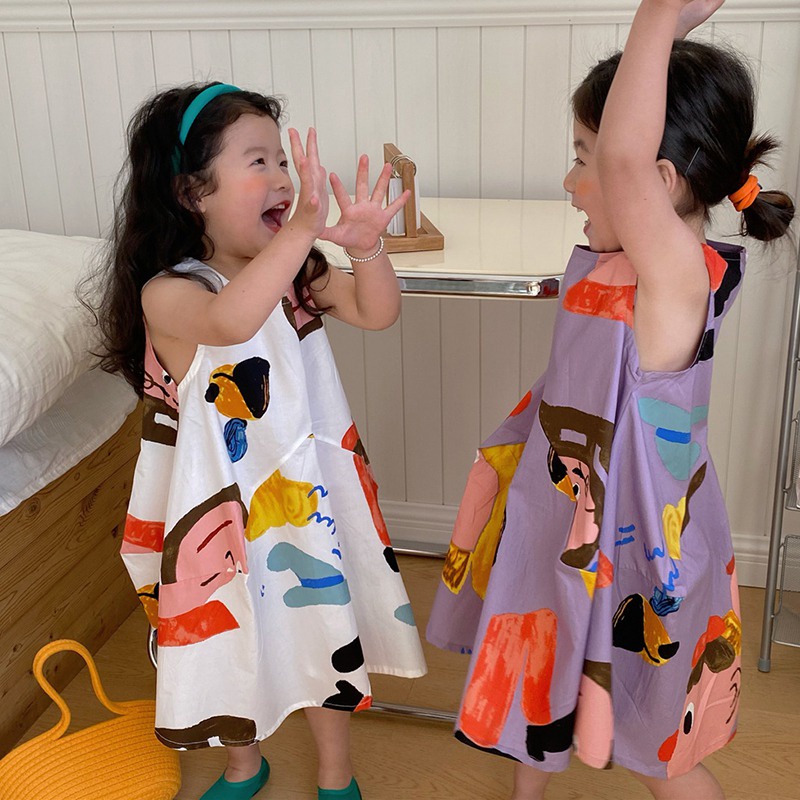 Đầm Không Tay Cổ Tròn Dáng Rộng In Họa Tiết Hoạt Hình Phong Cách Hàn Quốc Thời Trang Mùa Hè Xinh Xắn Cho Bé Gái