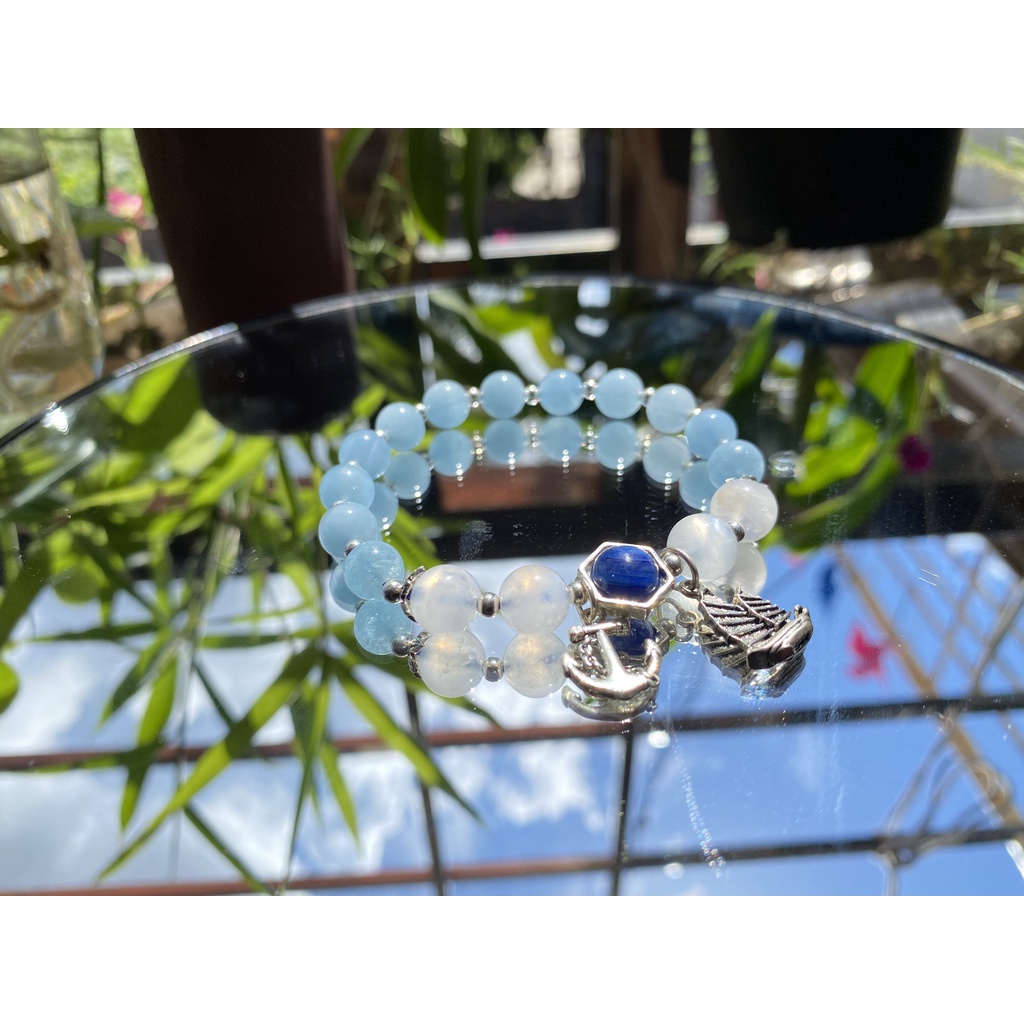 Vòn Phong Thủy mệnh Kim - Thủy. Vòng đ.á Aquamarine kết hợp đ.á Mặt Trăng và đ.á Kyanite mix charm bạc 925
