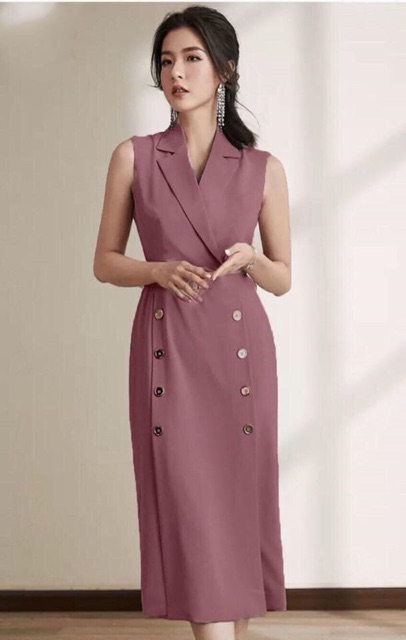 Đầm Cổ Vest Cati Hồng Ruốc
