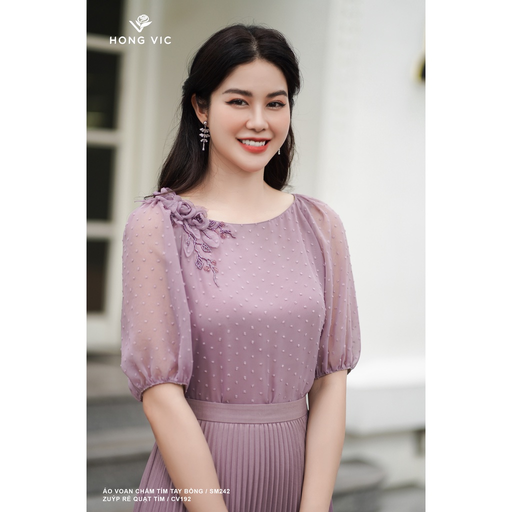 Áo nữ thiết kế Hong Vic voan chấm tím tay bồng SM242