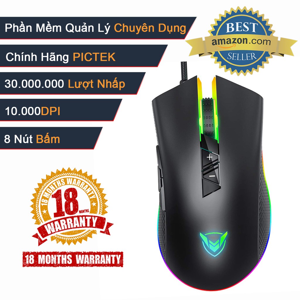 Chuột chơi game cao cấp PICTEK PC217 có dây 10000 DPI 8 nút cảm biến PMW3325 - Hãng phân phối chính thức