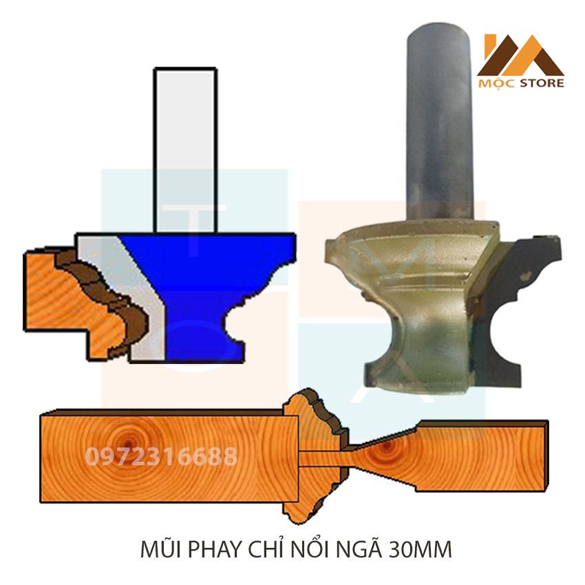 MŨI PHAY GỖ - MŨI SOI GỖ ĐÁNH CHỈ NỔI NGÃ 30MM CỐT 12.7MM