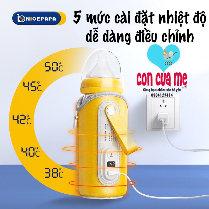 [Mẫu mới 2022] Túi hâm sữa cơ động 5 mức cài đặt nhiệt Nicepapa Portable Insulation USB Travel Baby Bottle Warmer Nice P