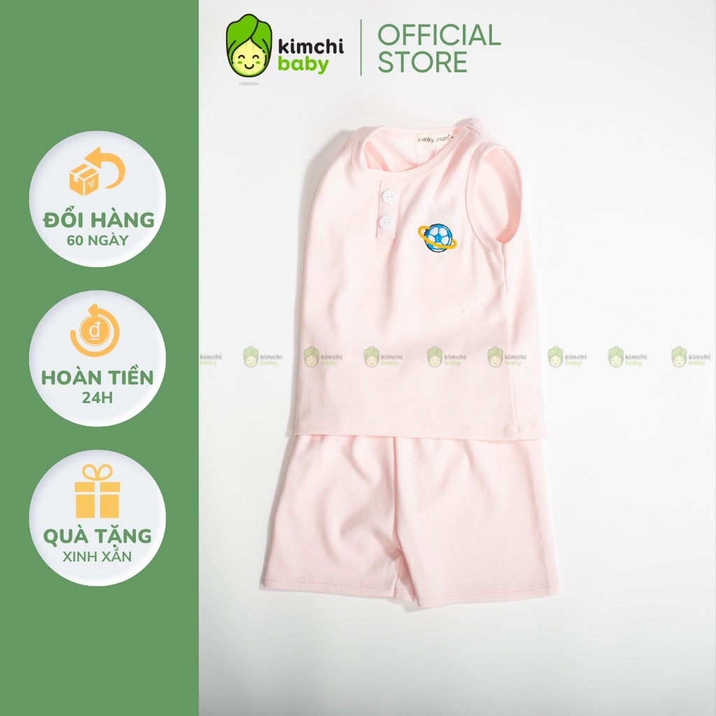 Đồ Bộ Bé Gái, Bé Trai MinkyMom Vải Cotton Borip Trơn Thêu Ngực, Bộ Ba Lỗ Cho Bé Mặc Hè MKM3LO2206