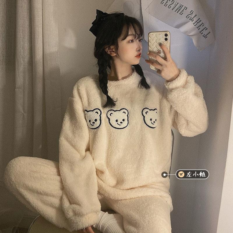 🔥Bán Nóng🔥 Bộ Đồ Ngủ Tay Dài Phối Lông Dày Dặn Thời Trang Thu Đông Mới Dành Cho Nữ