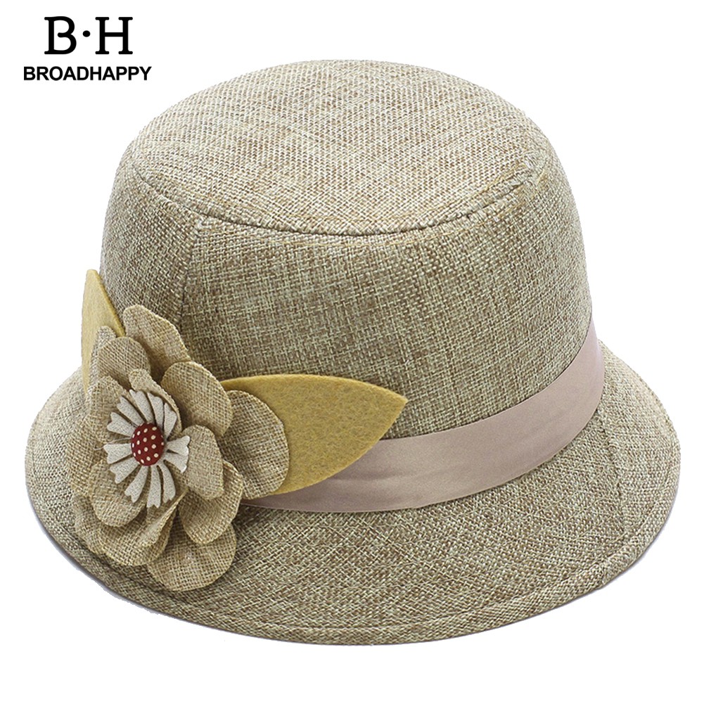Mũ Bucket Vành Tròn Vải Lanh Màu Trơn Thanh Lịch Dành Cho Nữ