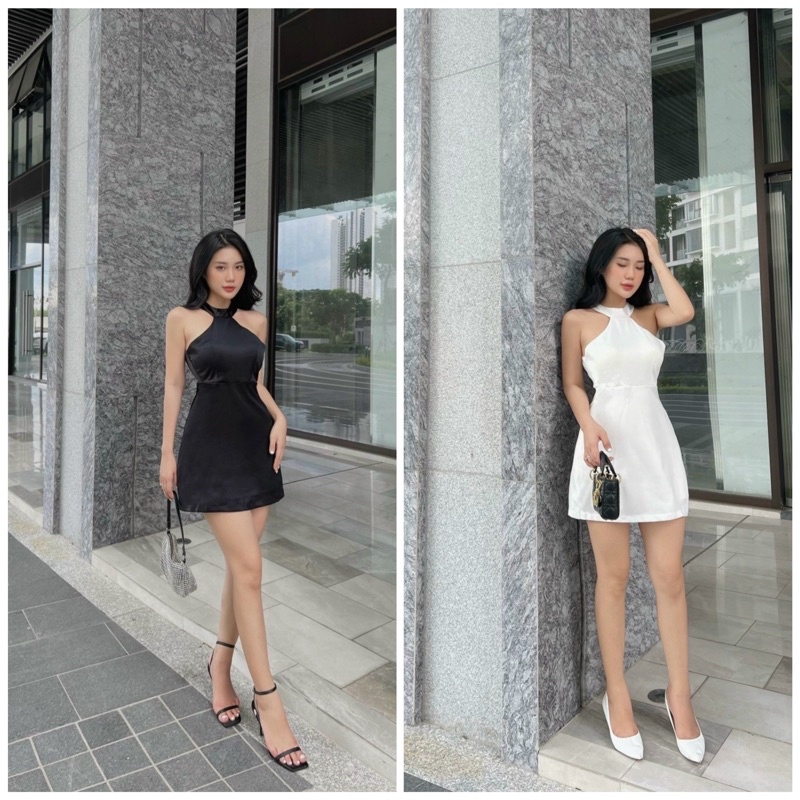 Đầm suông cổ yếm đen trăng