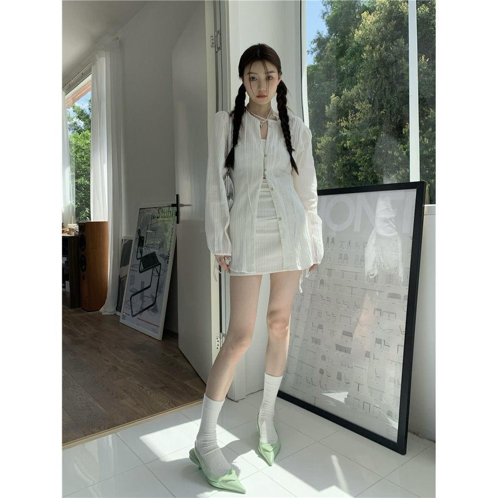 Set Áo Sơ Mi Dài Tay Cột Dây + Chân Váy Lưng Cao Xếp Ly 2022 Thời Trang Cho Nữ