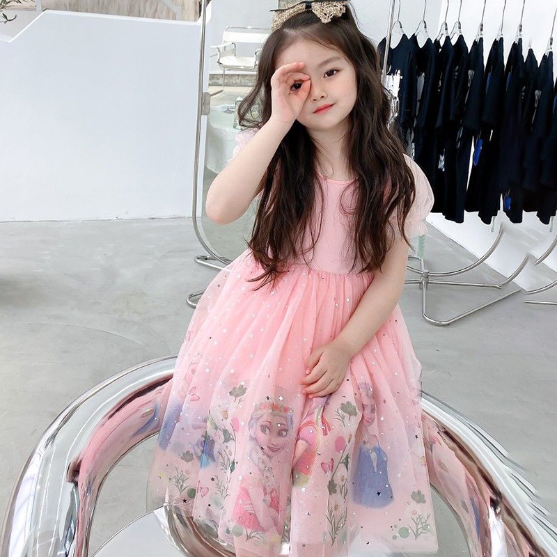 Đầm Công Chúa Phối Lưới In Hoạt Hình Kiểu Hàn Quốc Thời Trang Mùa Hè Cho Bé Gái Se7E