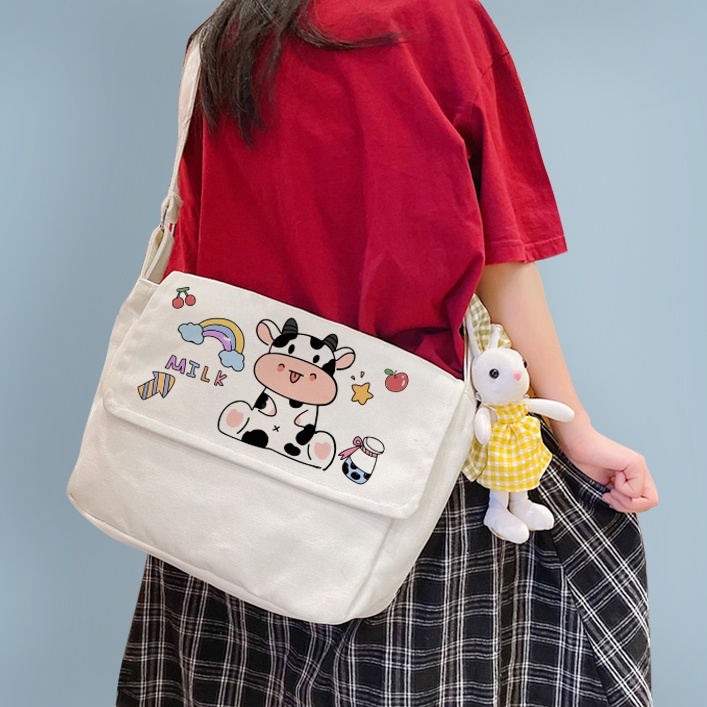 Túi Tote Đeo Chéo Vải Canvas Bò Sữa Phong Cách Ulzzang