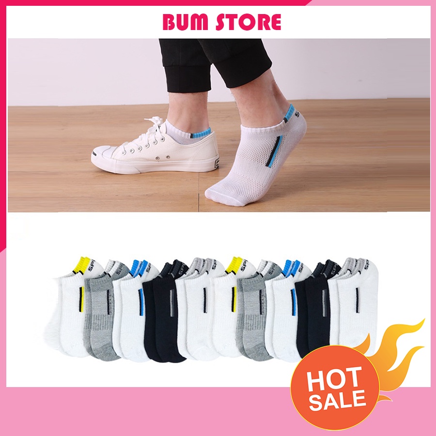 Tất nam cổ ngắn Cotton thể thao có sọc và chữ SPORT sau gót