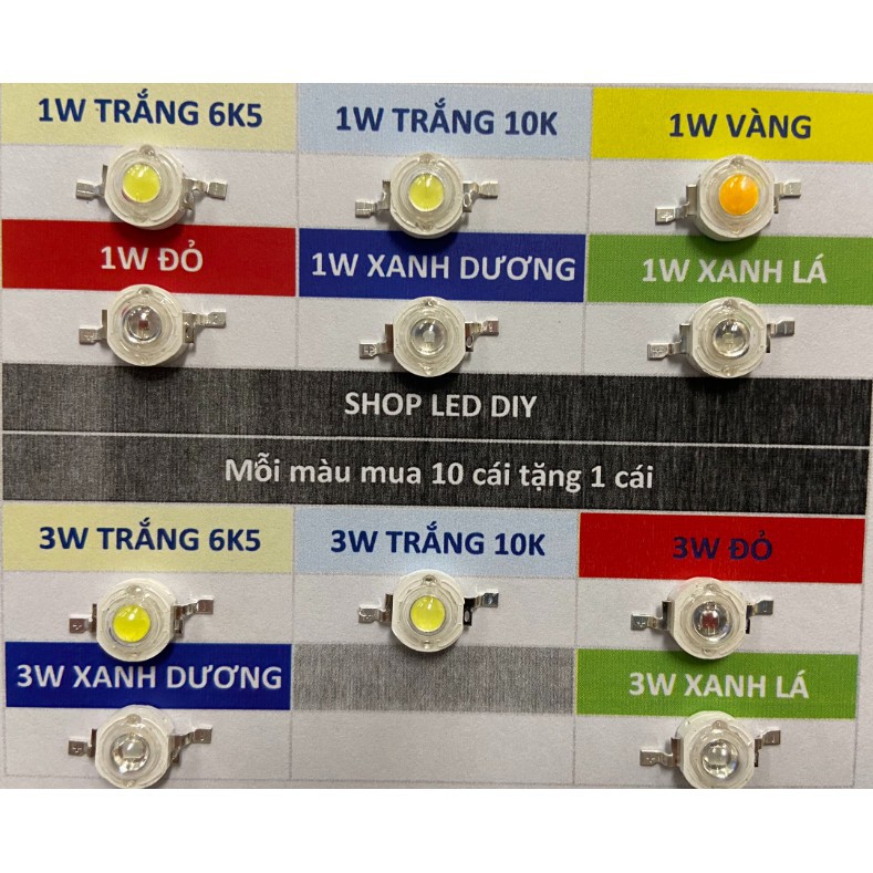 Đèn LED LUXEON chip epistar 1W,3W trắng,đỏ,xanh,vàng, hồng, 3in1 chế đèn thuỷ sinh