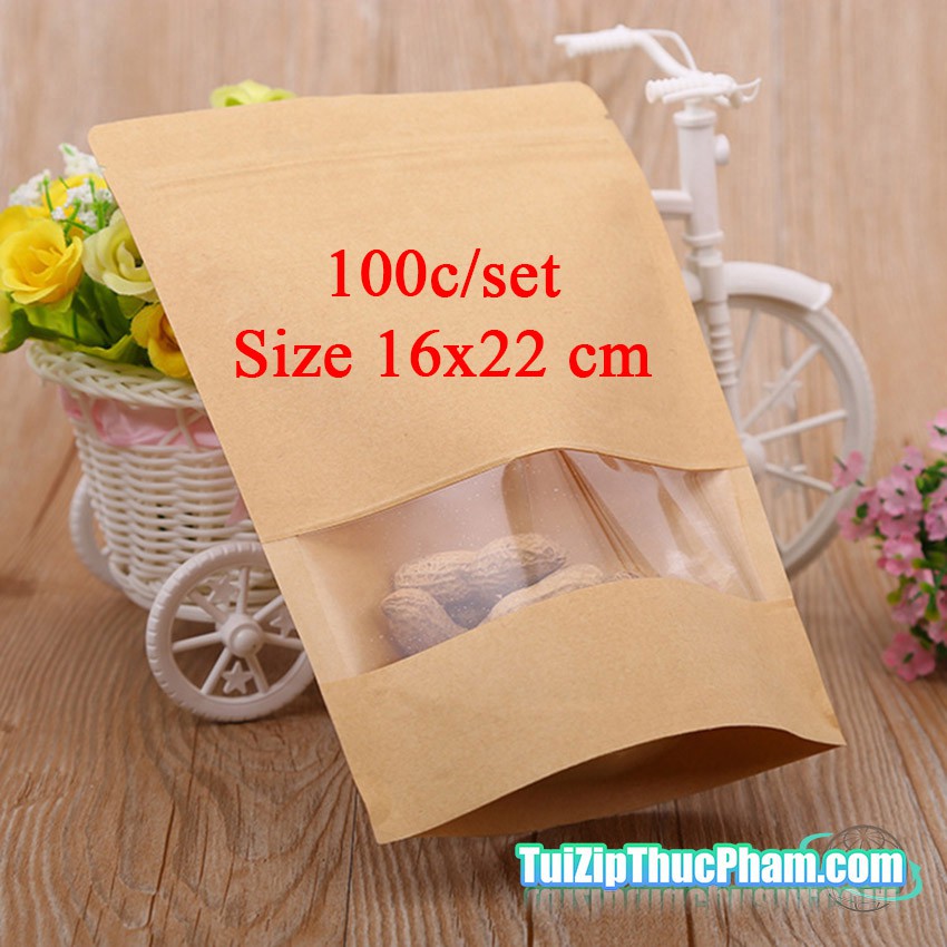 100 cái túi zipper size 16x22cm đựng 300g bột mịn, túi zip giấy kraft vàng có cửa sổ, đựng thực phẩm