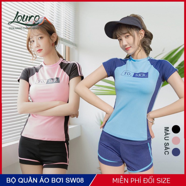 Bộ đồ bơi nữ kín đáo Louro SW08, kiểu quần áo bơi nữ tay ngắn, mặc đi tắm, đi biển rất đẹp theo phong cách Hàn Quốc