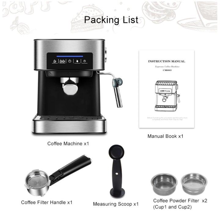 Sản Phẩm Máy pha cà phê Espresso CM6863, 850W. Thương hiệu cao cấp đăng ký tại USA (Mỹ) BioloMix - CHÍNH HÃNG BẢO HÀNH 1