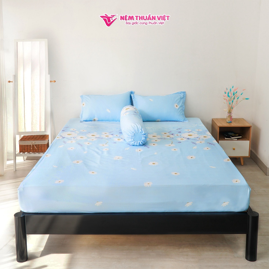 (Drap 4 Món - Không Mền) Ga Cotton Tencel Thuần Việt Cao Cấp - K44 - Bộ Sản Phẩm Gồm 3 Vỏ Gối Nằm Và 1 Ga Trải Giường