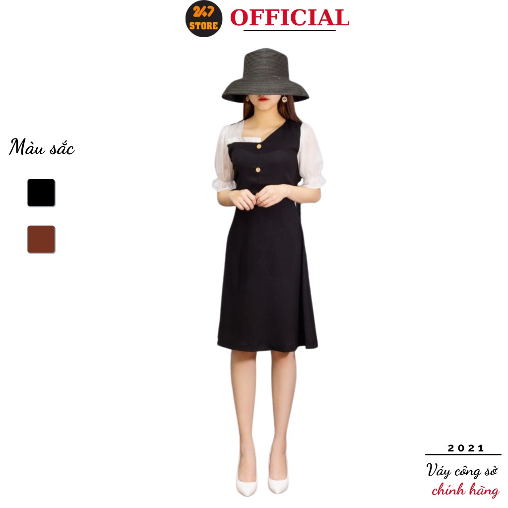 Đầm công sở chữ A 247STORE (màu đen), dáng dài, cổ lệch, cúc gỗ, tay voan, chun, bồng, vải trượt hàn mềm nhẹ