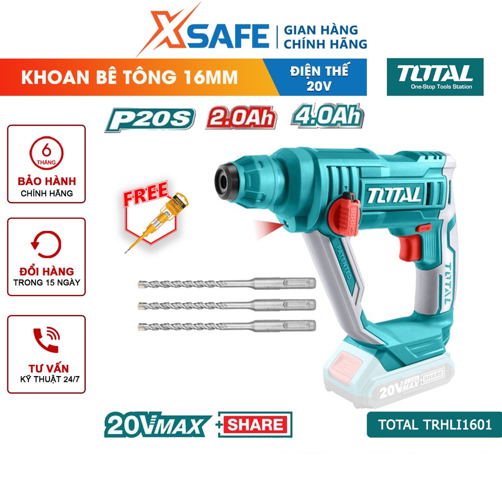 Máy khoan bê tông dùng pin 20V TOTAL TRHLI1601 tốc độ 900rpm, tốc độ búa 5100bpm khả năng khoan 16mm, không kèm pin sạc