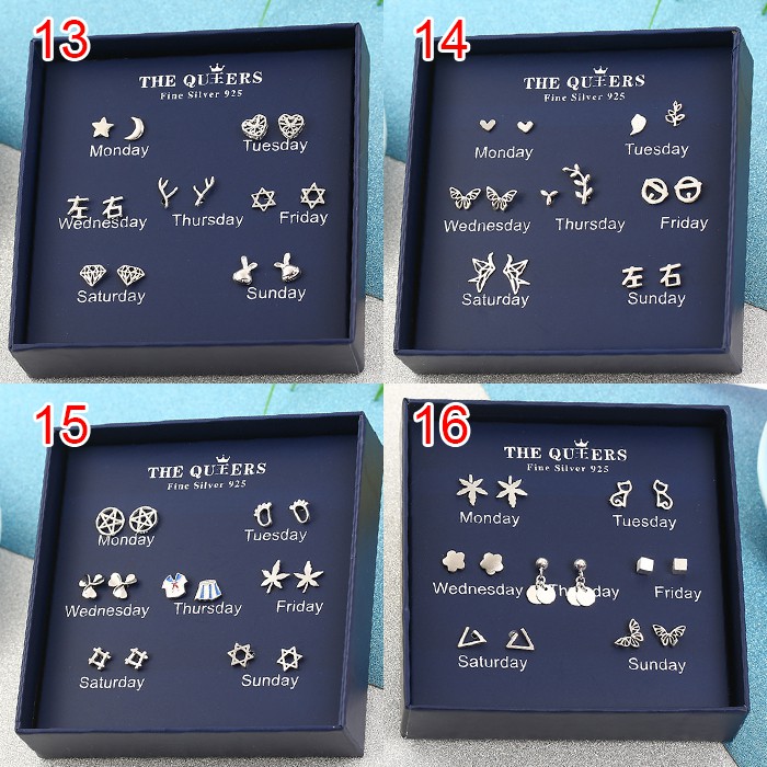 7 đôi Bông tai đinh tán bạc 925 bông tai anting nữ đinh tán Bộ trang sức hộp