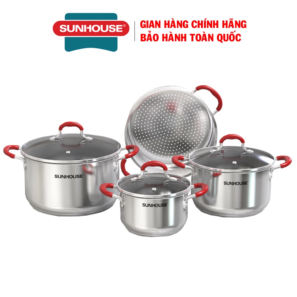 Bộ nồi xửng inox 5 đáy Sunhouse SHG507, Gồm size 16cm, 20cm, 24cm và 1 xửng hấp size 24cm, Sử dụng trên mọi loại bếp