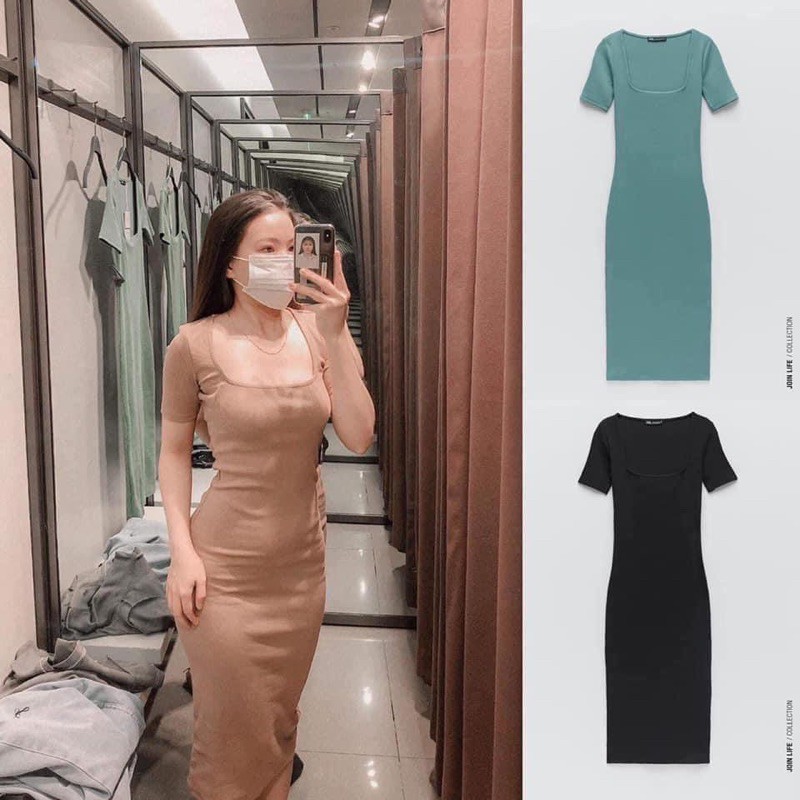 Đầm Body Cổ Chữ U Tay Lỡ - Rere.Store [FREESHIP] - Váy tiểu thư hở cổ ôm sát tôn dáng 3 màu ĐEN | BE | XANH Ulzzang