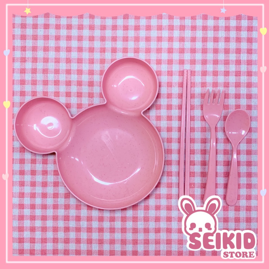 Bộ khay ăn dặm cho bé nhựa an toàn cho bé hình Mickey cho bé 3 khoang chứa thức ăn (kèm thìa,dĩa,đũa) Seikid Store