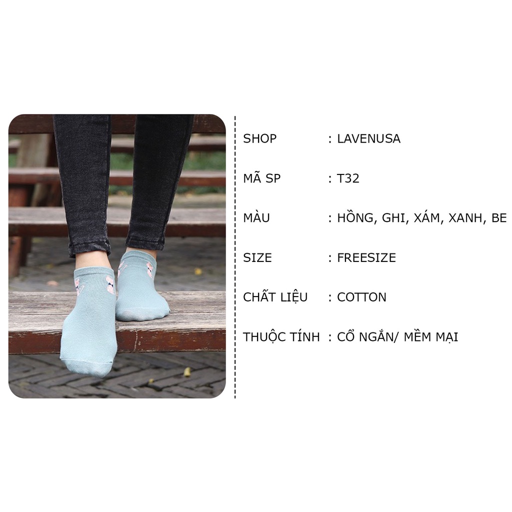 Tất vớ nữ cổ ngắn cao cấp hình mèo dễ thương chất cotton set 5 đôi LAVENUSA T32
