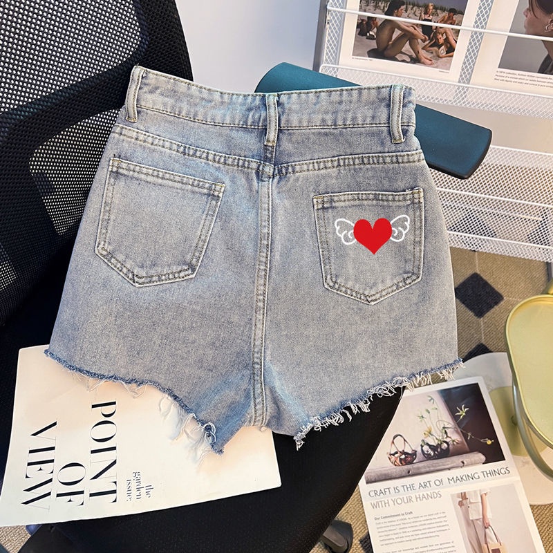 Quần Short denim Lưng Cao Ống Rộng In Họa Tiết Trái Tim Thời Trang Mùa Hè Hàng Mới Dành Cho Nữ