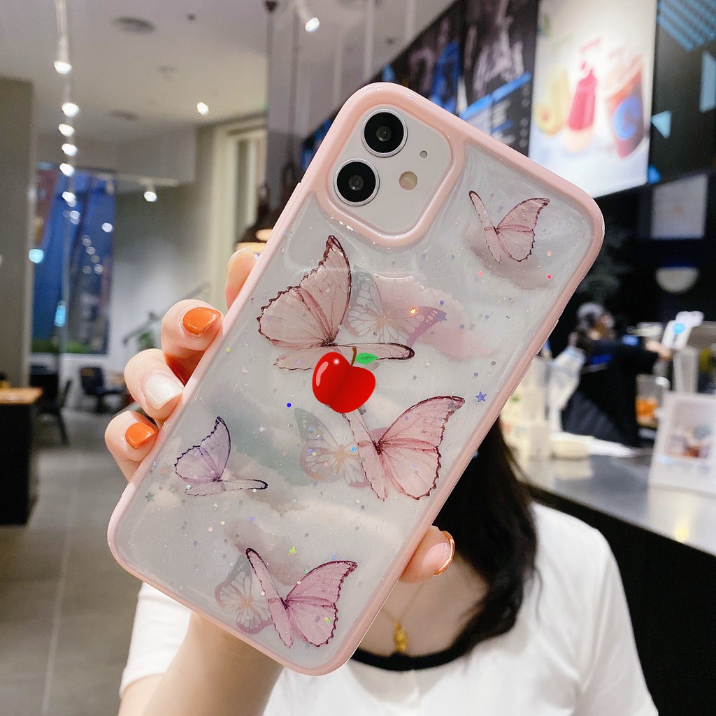 Ốp Lưng iPhone 14 Pro l Pro Max l Plus Vỏ Bọc Bảo Vệ Điện Thoại Kim Tuyến Viền Màu Hình Bướm 7 8 X XR 11 12 13