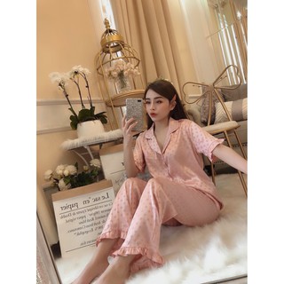 Đồ Bộ ngủ pijama lụa gấm tay cộc viền bèo cao cấp