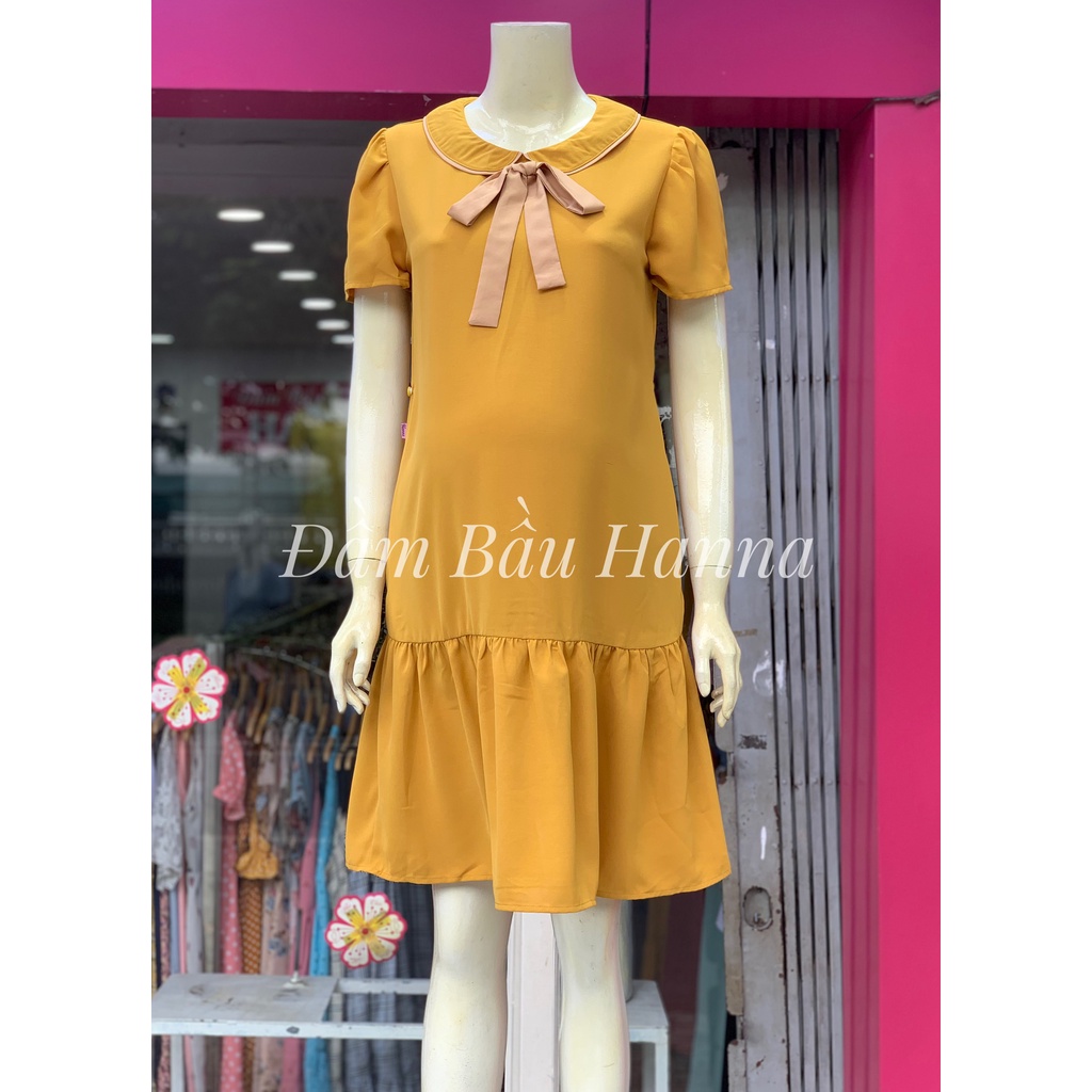 [HANNA] Đầm bầu công sở đũi mát mùa hè mềm không nhăn có size 80kg đuôi cá cổ lá sen dễ thương dài qua gối có 2 túi đầm