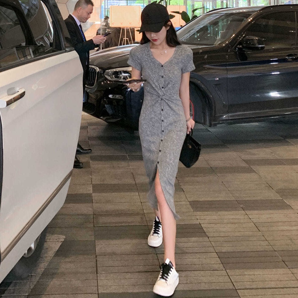 Mrs. Qian's custom-made V-neck twisted knitted split dress children's summer waist dress