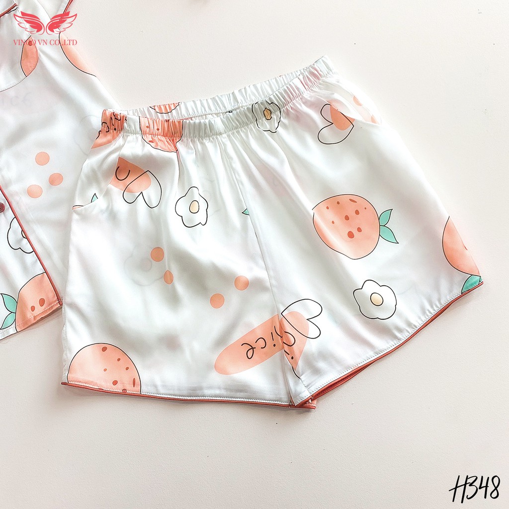 VINGO Bộ Đồ Mặc Nhà Pijama Nữ Lụa Pháp Tay Cộc Quần Cộc Họa Tiết Quả Cam Chữ Nice Nền Trắng H348 VNGO - TCQC