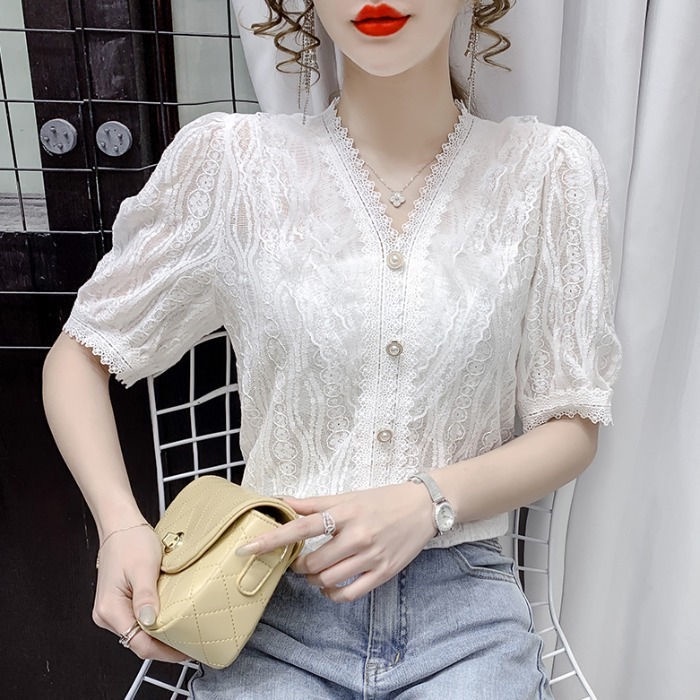 Áo sơ mi tay ngắn cổ chữ V màu trơn phối ren thời trang mùa hè phong cách Hàn Quốc cho nữ