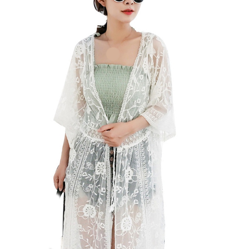 Brroa Áo Khoác Cardigan Ren Mỏng Tay Lửng Hở Phía Trước Thêu Hoa Nhìn Xuyên Thấu Gợi Cảm Cho Nữ